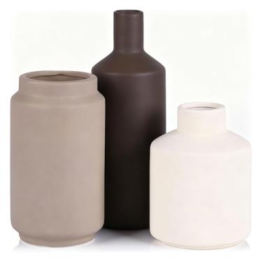 Imagem de Conjunto de 3 vasos de cerâmica, vasos decorativos rústicos para casa de fazenda, vasos de cerâmica para buquê, grama pampa, flores frescas secas, mesa, sala de estar, cozinha (café marrom e branco)