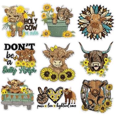 Imagem de 9 peças Highland Cow Heifer Iron on Patches, Cool Western Style Slogan bordado remendos de reparo para roupas, aplique vintage personalizado para jeans, jaquetas, chapéus, mochilas, bolsas, sapatos