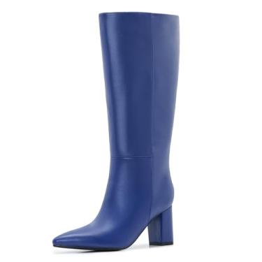 Imagem de Aizhenzm Botas de cano longo até o joelho para mulheres, plus size, zíper lateral, couro, salto grosso, bico fino, altura, Azul, 8 Wide