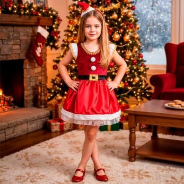 Imagem de Fantasia Infantil Mamãe Noel pra Menina Kit com Vestido de Veludo Vermelho e Tiara com Mini Gorro Natalina (Vermelho, P 2-3)