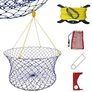 Imagem de LUPUSH Kit de armadilha de anel de caranguejo – Rede de caranguejo resistente com corda de 30 metros, bolsa de isca, clipe e régua – Armadilha de caranguejo de dois anéis de aço inoxidável de 61 cm