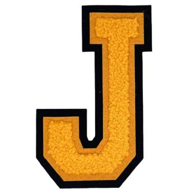 Imagem de 2 peças de adesivos de letras de chenille amarelo de 12,7 cm, adesivos do alfabeto bordados a ferro para roupas, jeans, jaquetas, mochilas, chapéus - letras universitárias com borda preta (letra J)