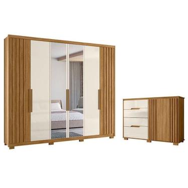 Imagem de Guarda Roupa Casal Araguaia E Cômoda Texas Freijó Off White Com Espelho - Moval