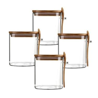 Imagem de Kit 4 Pote Hermético Mantimento Armazenamento de Vidro Tampa E Colher 