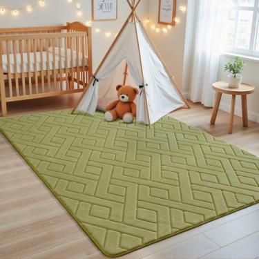 Imagem de Macgace Tapete de área verde ultramacio para quarto, tapetes geométricos modernos 7,5 x 12,5 cm com suporte antiderrapante para sala de estar, tapete felpudo lavável para quarto de criança