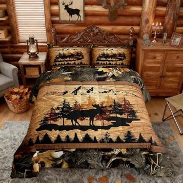Imagem de Homewish Conjunto de edredom de cabana na selva, alce animal, pinheiros, para crianças, adolescentes e adultos, retrô, listras de madeira, rústico, casa de fazenda, edredom acolchoado com 2 fronhas