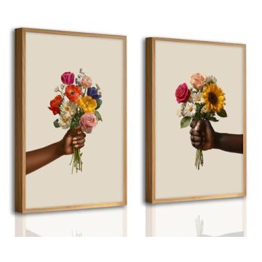 Imagem de Arte de parede de mulheres negras decoração de parede moderna em tela de flor menina negra com pôsteres de flores modernas impressões afro-americanas pintura estética floral arte para quarto sala de