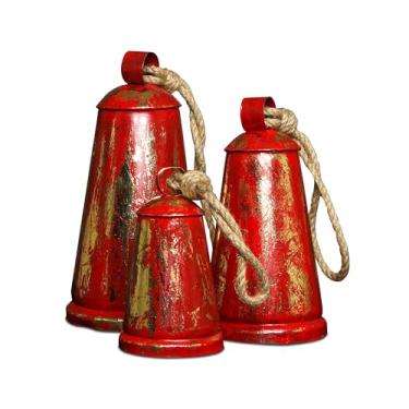 Imagem de Conjunto de 3 sinos de metal rústicos de fazenda, sinos envelhecidos azul-petróleo com corda de juta para decoração de pendurar (vermelho rústico), Natal, Ano Novo, Ação de Graças