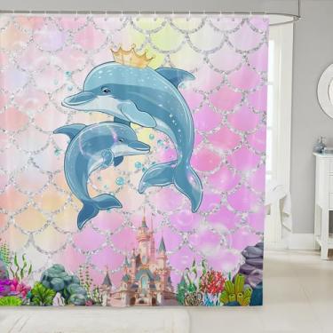 Imagem de Erosebridal Lindo conjunto de cortina de chuveiro golfinho, cauda de sereia rosa, conjunto de banheiro kawaii, para decoração de quarto de crianças, cortina de banheiro com animais marinhos do oceano,