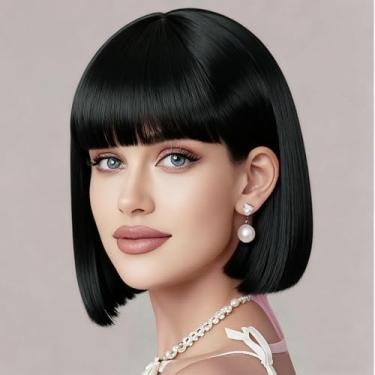 Imagem de Cetiq Perucas de cabelo curto 30,5 cm liso com franja lisa sintética colorida cosplay peruca de festa diária para mulheres cabelo natural como cabelo real (preto natural, 30,5 cm)