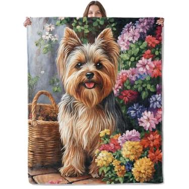 Imagem de Lugiu Cobertor fofo Yorkshire Terrier, leve, confortável, charmoso, filhote de cachorro com flores, cobertores para sofá, quarto, cobertor macio de flanela de viagem para cães presentes para crianças