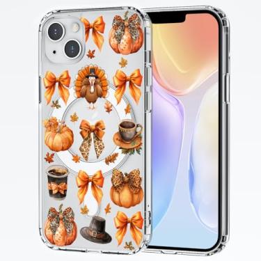 Imagem de CozyNestCY Capa magnética fofa abóbora peru para iPhone 14 Plus capa de celular transparente com folhas de ação de graças compatível com Mag Safe sem fio fina Halloween Shell NoYellow à prova de