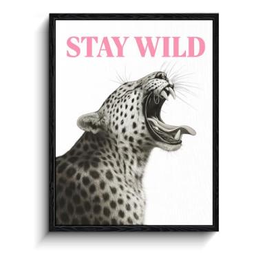Imagem de Arte de parede com placa de guepardo Stay Wild, impressões de arte rosa modernas, decoração de parede extática para sala de estar quarto, pronto para pendurar 20 x 25 cm emoldurado