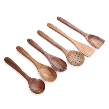 Imagem de Conjunto de colheres de madeira para utensílios de cozinha com suporte, descanso de colher e ganchos, utensílios de cozinha antiaderentes de madeira teca