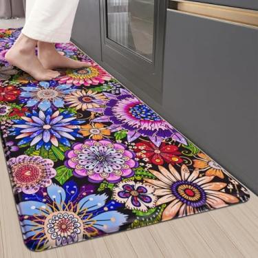 Imagem de Likiyol Tapetes de cozinha Boho Floral Antifadiga Tapete de cozinha para chão, flores boêmias, antiderrapante, lavável, tapete de cozinha, tapete confortável para pia, lavanderia, 45 x 152 cm, roxo