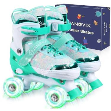 Imagem de Huanovix Patins de patins para meninas, 4 tamanhos, ajustáveis, para iniciantes de 3 a 12 anos, com rodas iluminadas e proteção de segurança, para esportes internos e externos - presentes legais de