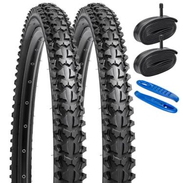 Imagem de YunSCM Pneus de bicicleta de 26 polegadas 26 x 1,95 54-559 ETRTO e tubos 26x1,75/2,125 AV32 mm válvula com 2 forros de pneu compatível com pneus e tubos de bicicleta de bicicleta 26x1,95 - 2 pacotes (Y702-01)