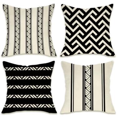 Imagem de Fahrendom Conjunto de 4 capas de almofada decorativas geométricas pretas e brancas 45,7 x 45,7 cm, arte moderna abstrata, varanda e pátio, capa de almofada minimalista para sofá