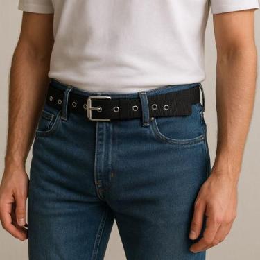 Imagem de Cinto Unissex Masculino Feminino Ajustável Poliéster Preto Fivela Meta