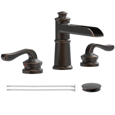 Imagem de Torneira de banheiro generalizada em bronze polido a óleo cachoeira com 2 alças com dreno pop-up montagem fazenda 3 furos 20 – 40 cm Torneira misturadora rústica para pia de 20 cm – 40 cm Linha de suprimento comercial sem chumbo da Homevacious