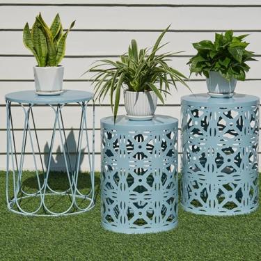 Imagem de Y&M Conjunto de 3 mesas de centro empilháveis para sala de estar, mesa lateral de pátio, mesas de canto interno para quarto, banco decorativo de jardim ao ar livre com moldura de metal resistente