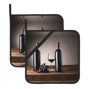 Imagem de Conjunto de tapete de panela quadrado resistente ao calor com impressão de vinho de uva, 2 tapetes antiderrapantes com alças para pendurar, para proteção de balcão de cozinha e mesa de jantar.