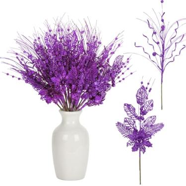 Imagem de Yunlly 24 peças, enchimento de árvore com glitter, 43,3 cm, para decoração de árvore de Natal, galhos brilhantes para casamento (roxo)