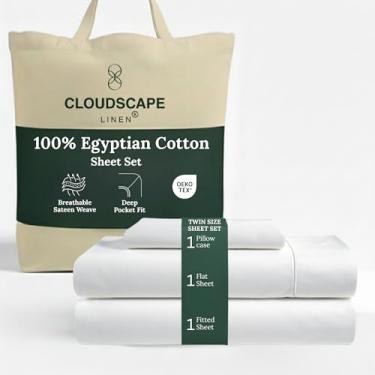 Imagem de Jogo de cama solteiro de algodão egípcio de camada dupla Cloud Scape Linen – Tecido de cetim de fibra longa, conjunto de cama essencial de 3 peças de qualidade de hotel macio, bolsos profundos de até