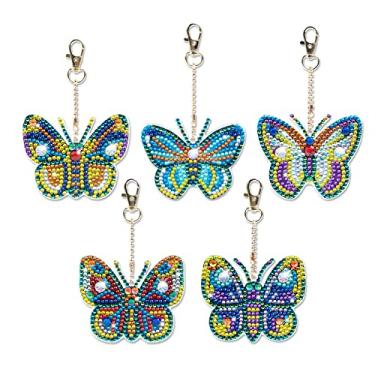 Imagem de 5 peças de kit de arte de diamante para pendurar borboleta, kit de chaveiros de dupla face, chaveiros, artesanato, faça você mesmo, porta-chaves com animais, pintura com diamantes, pontos, pingente