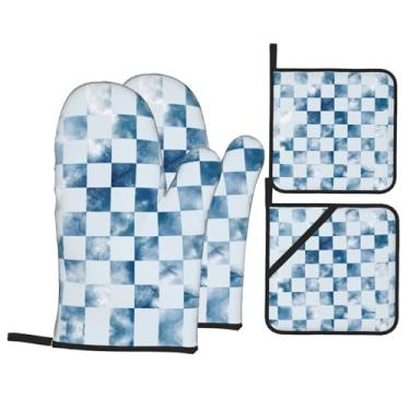Imagem de Tabuleiro de xadrez tie-dye - Conjunto de luvas de cozinha estampadas com suportes de tampa, luvas de forno resistentes ao calor para lidar com panelas quentes, grelhar, churrascos, kit de 4 peças.