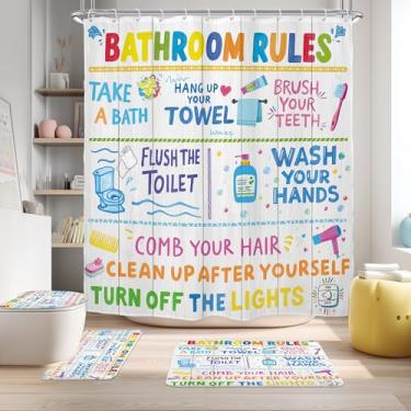 Imagem de Riyidecor Conjunto de 4 peças engraçadas de cortina de chuveiro de banheiro com citações coloridas de desenho animado conjunto de decoração de banheiro infantil com tapetes e acessórios tapete de