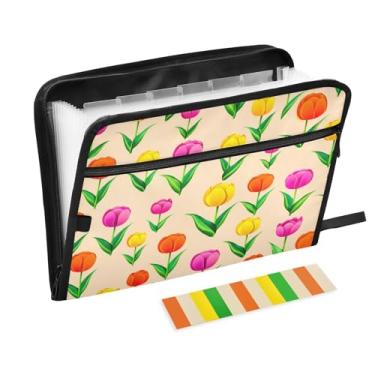 Imagem de CEBUGI Pasta expansível de 13 bolsos, impermeável, sanfonada, organizador de arquivos com etiquetas tamanho A4, organizador de documentos de papel para escola, material de escritório, tulipas