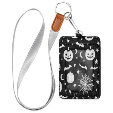 Imagem de Wassud Porta-crachá de couro PU White Halloween Pumpkins com cordão, porta-cartão de identificação para trabalho, cordão de pescoço com compartimentos para cartões de crédito, funcionários, estudantes
