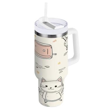 Imagem de Qilmy Copo de gato fofo de 850.5 g com tampa e canudo, à prova de vazamento, copo isolado de aço inoxidável durável com alça, garrafas de água à prova de derramamento para viagens1701