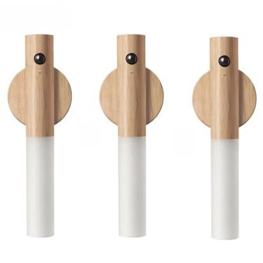 Imagem de Luminaria Luz Led Recarregável Sensor de Movimento Arandela de Madeira Minimalista Para Mesa Parede, Design Minimalista para Parede, Mesa, Corredor e Luz Noturna(3 PÇ CLARO)