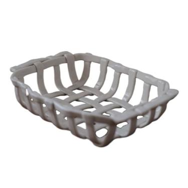 Imagem de Fruteira Cesta de frutas de cerâmica trançada, tigela decorativa para servir, feita à mão com textura, para decoração de mesa na sala de jantar. Decoração de mesa