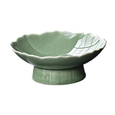 Imagem de Fruteira Fruteira de cerâmica em formato de lótus, estilo retrô, com acabamento esmaltado, prato decorativo tradicional e moderno para decoração de casa. Decoração de mesa(Green)
