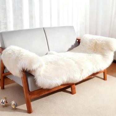 Imagem de OGLAND Tapete de pele de carneiro macio e fofo, tapete de pele felpuda genuína para lã felpuda, quarto, sala de estar, capa de sofá de cachorro pop, almofada de janela de rezar (2 pés × 1,8 m, branco