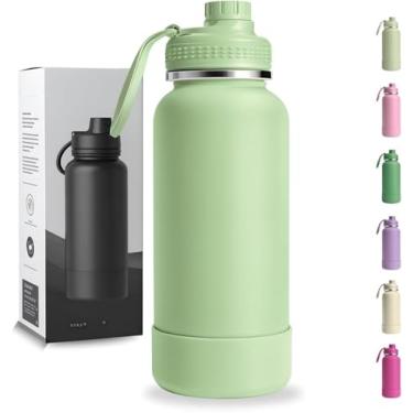 Imagem de Garrafa Térmica 1000ML - Duplamente Isolada, Aço Inox 304, Base Emborrachada Anti Derrapante, Mantém Bebidas Quentes por 12 Horas e Geladas por 24 Horas (Verde Pastel Wide)