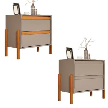 Imagem de Kit 2 Mesa De Cabeceira Verona 2 Gavetas Pés Madeira Maciça Gris/nature Gris/nature