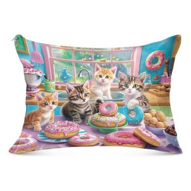 Imagem de Capa de travesseiro de flanela grande de gatos fofos com donuts com zíper longo padrão Queen King Capas de travesseiro para travesseiro de cama, tamanho corporal, 53 cm x 137 cm