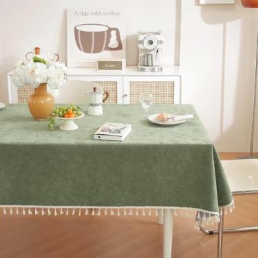 Imagem de Wuluwala Toalha de mesa rústica para mesas de jantar, toalha de mesa simples de cor sólida com borlas, tecido de chenille macio, lavável, capa de mesa para cozinha, uso interno e externo, verde 140 x
