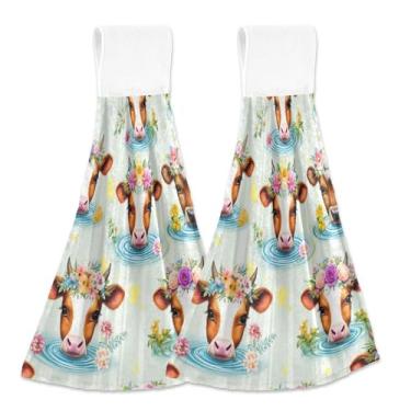 Imagem de Lindas coroas de flores de vaca toalhas de mão de primavera com laço para pendurar conjunto de 2 toalhas de gravata de forno ultra absorventes, toalhas personalizadas para casa e cozinha 18,2 x 14