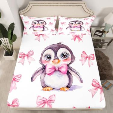 Imagem de Erosebridal Jogo de lençol casal de desenho animado de pinguim, animal ártico, princesa, rosa, fofo, kawaii, com laço, pinguim, para crianças, adolescentes e mulheres