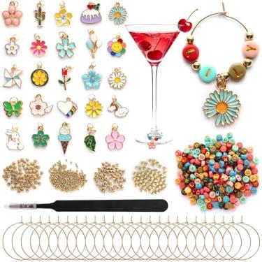Imagem de Acootima Kit de pingentes de taça de vinho DIY floral primavera - 300 contas de letras, 25 conjuntos de etiquetas de marcador de bebida reutilizáveis personalizadas, identificadores de vidro para