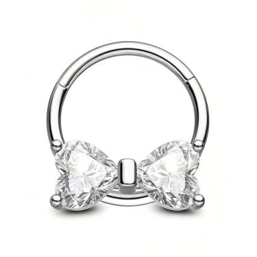 Imagem de OUFER Anéis de septo 16G 8/10 mm, rosa transparente CZ laço em forma de coração joia de septo 316L aço cirúrgico Daith Piercing Jewelry - Helix cartilagem Daith Rook Tragus brincos argolas, 16G 8MM