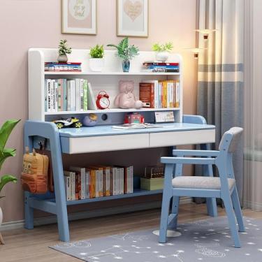 Imagem de HGTRH Mesa de estudo para adultos/estudantes, escrivaninha com gavetas e cabana, mesa de computador de madeira de carvalho maciça para escritório doméstico em pequenos espaços, com estante e gaveta