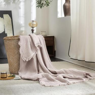 Imagem de FOSSA Cobertor de musselina com franja - 4 camadas de gaze 100% algodão super macio e respirável - Cobertor refrescante decorativo leve para cama, sofá, escritório (rosa acinzentado, Twin GG (167 cm ×