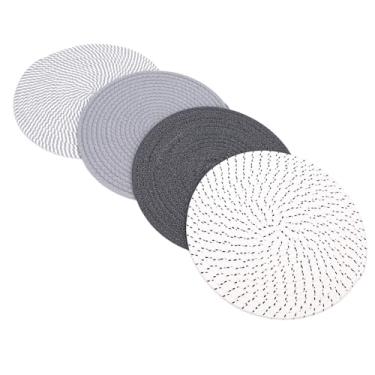 Imagem de ASHATA Pacote Com 4, Jogos Americanos Redondos de Tecido, Decoração de Cozinha Estilo Boho e Fazenda, Tapetes de Mesa de Algodão Trançado (13 polegadas) (Série Cinza)