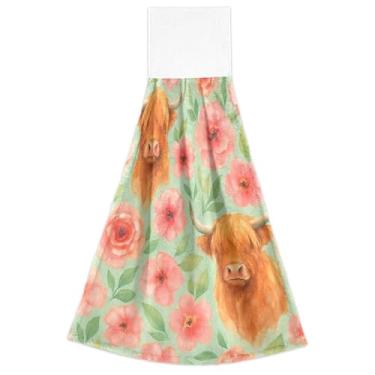 Imagem de Joitme Lindas toalhas de mão de vaca Highland flores rosas com laços para pendurar toalhas de gravata de banheiro macias absorventes conjunto de 2, toalha de secagem de cozinha fofa 47 x 35